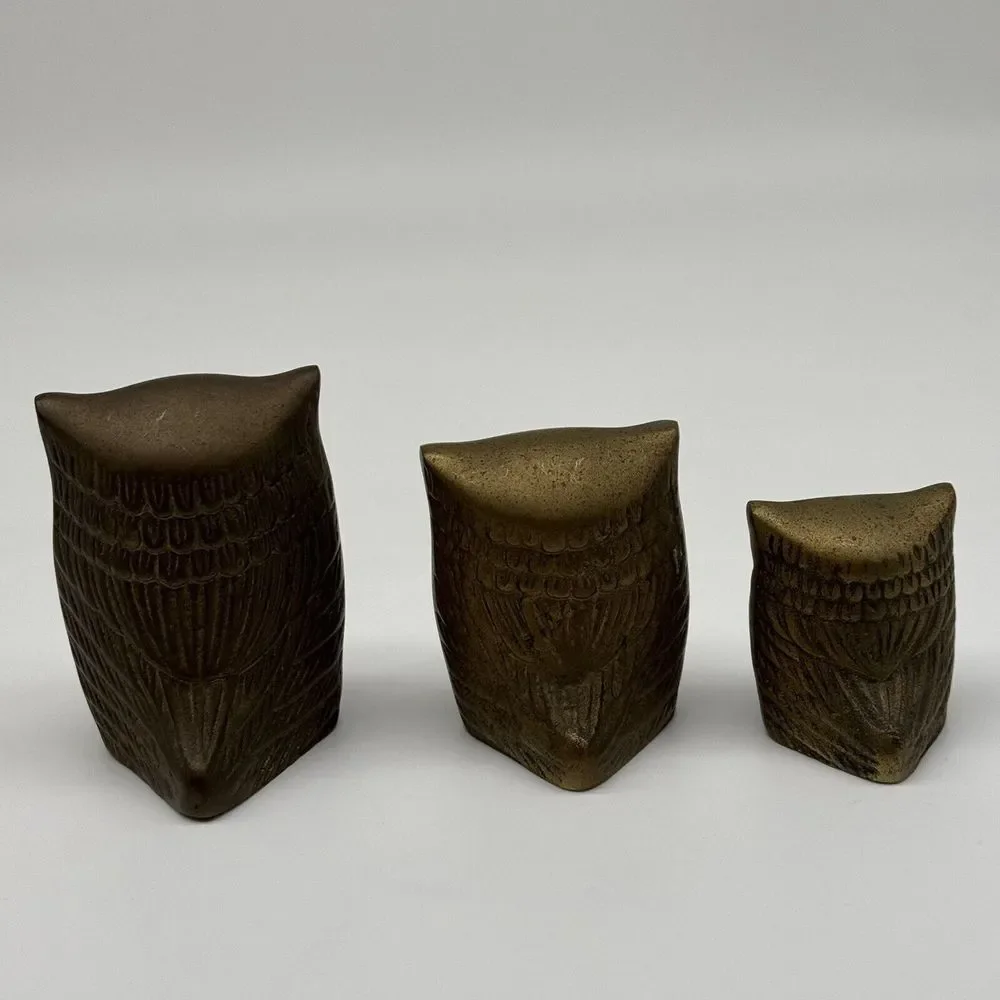 LEONARD Solid BRASS Owl Set Of 3 Figures Paperweights VINTAGE Rare Korea‎